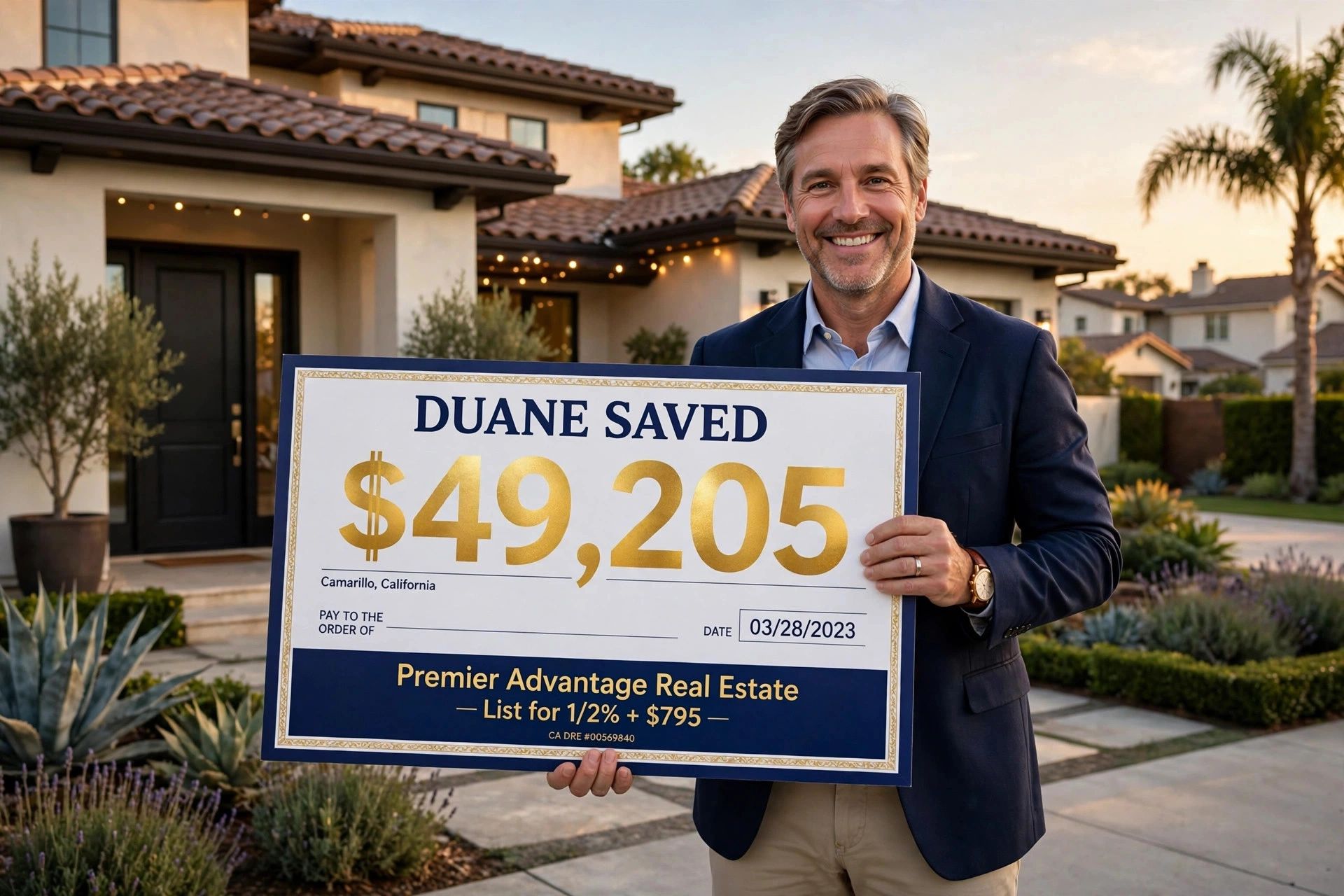 Smiling home seller holding a "saved $49,205" sign in front of his home - Premier Advantage Real Est